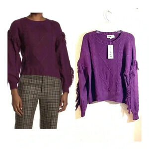 KIKIT Sweater Women Size XL Cable Knit Fringe Sleeves Pullover Purple NEW